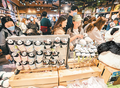 图为市民游客在香港海洋公园结束参观后，在纪念品店选购大熊猫主题周边产品。