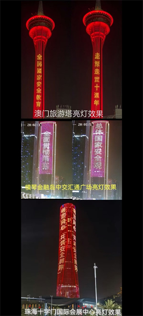 图为澳琴珠三地同时点亮城市地标。