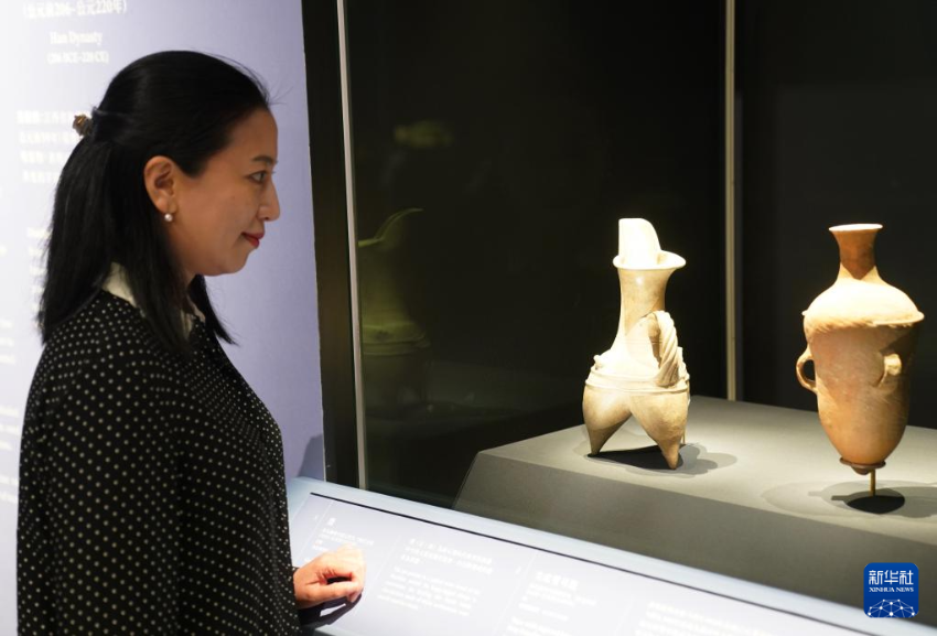 香港故宫文化博物馆研究员、策展人蒋得庄在“流动的盛宴——中国饮食文化”展览现场观看展品（5月14日摄）。