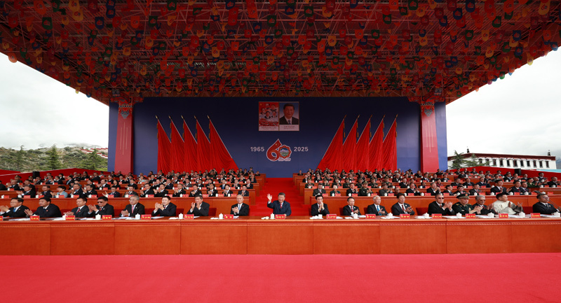 8月21日上午，西藏各族各界干部群众约2万人欢聚拉萨市布达拉宫广场，热烈庆祝西藏自治区成立60周年。中共中央总书记、国家主席、中央军委主席习近平出席庆祝大会。王沪宁、蔡奇出席大会。图片来源：新华网
