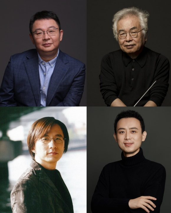 图为民族交响组曲《东方之光》四位作曲家：赵麟（左上）、朴范勋（右上）、和田熏（左下）、罗麦朔（右下）。